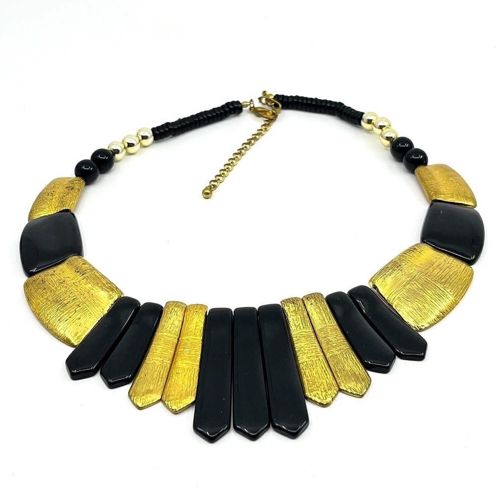 Vintage Retro Black and Gold Cleopatra Fringe Bib Statement Necklace Art Deco